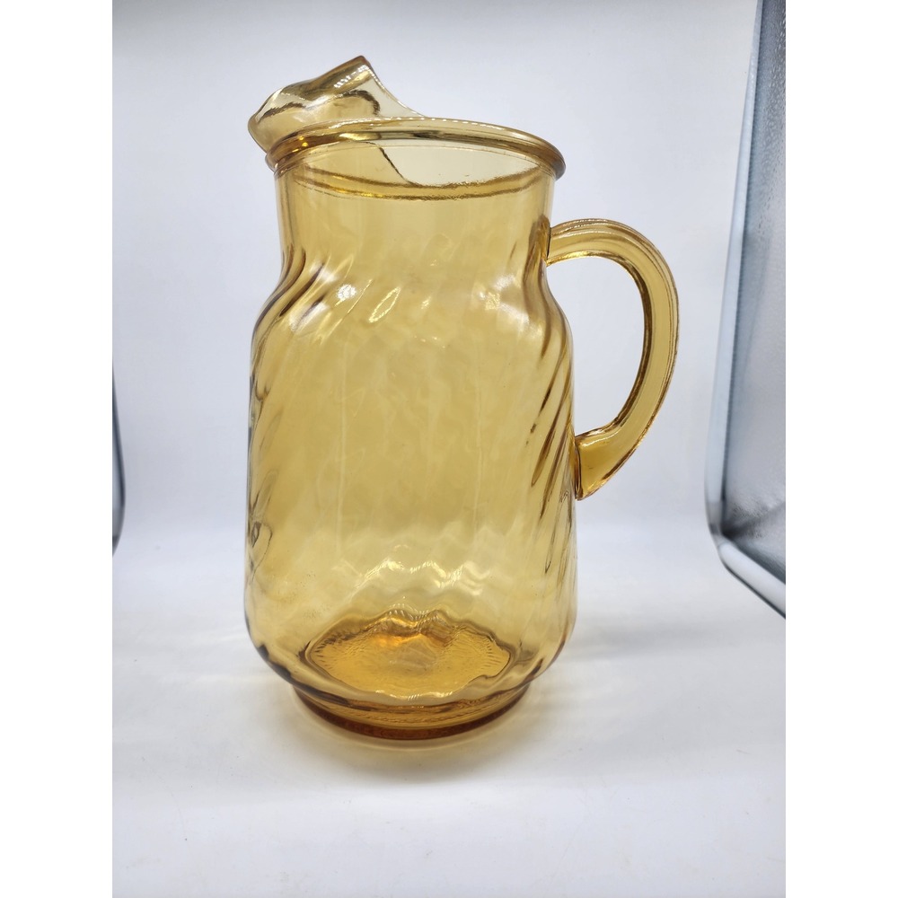 Vintage Amber Glass Swirl Optic Pitcher with Ice Lip Honey Gold Mid Century